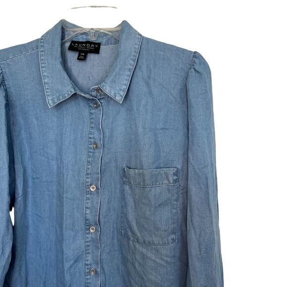 Laundry By Shelli Segal Blue Poet Sleeve Button Down Denim Shirt - Picture 6 of 10
